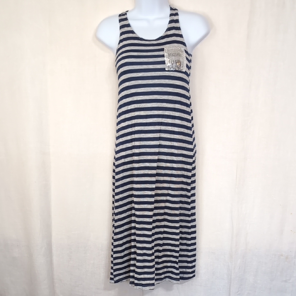 B'Tween Navy Grey Striped Tank Dress Sequin Pocket Midi Length Size Small